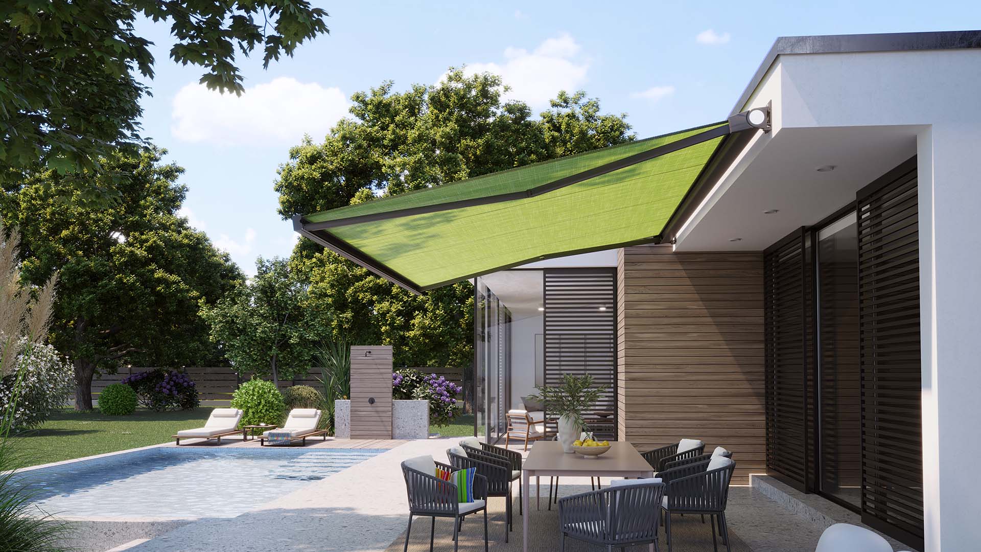 Grüne Markise auf Terrasse