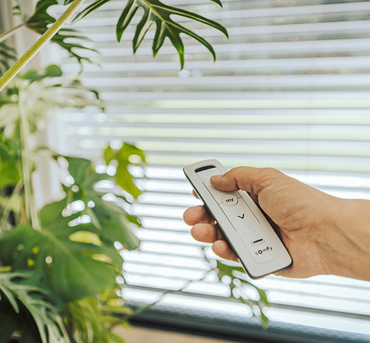 Person mit Somfy Bedienung in der Hand
